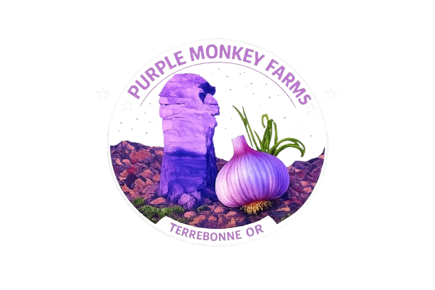 A circular logo or label for Purple Monkey Farms, featuring a purple stone monument and a purple onion on a rocky landscape, with the text 'PURPLE MONKEY FARMS' and 'TERREBONNE OR' on a white background.