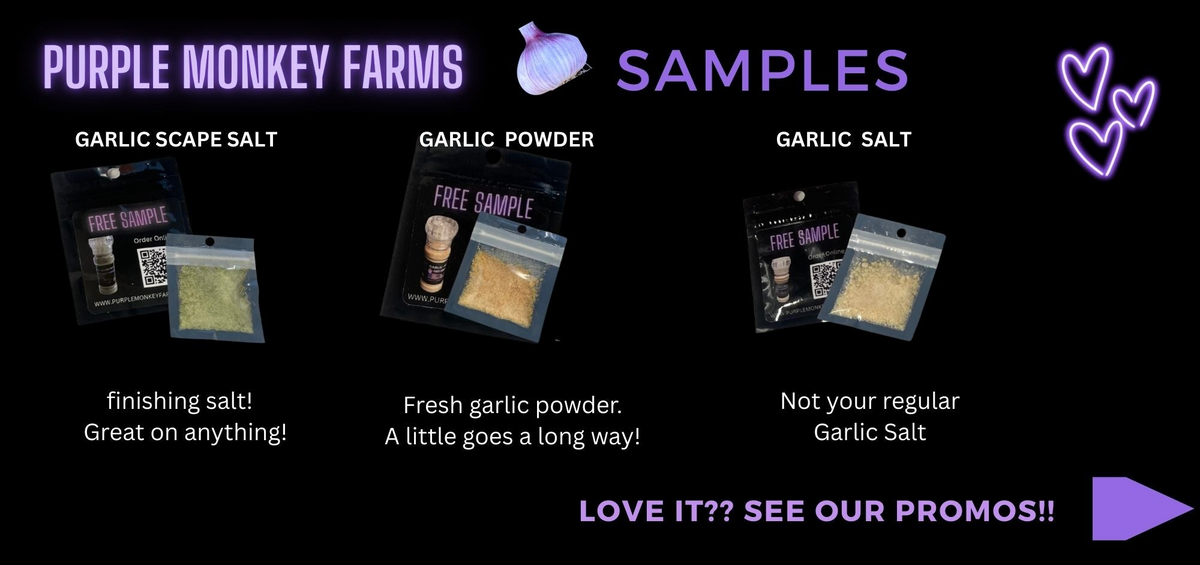 Samples (5) Garlic Scape Salt, Garlic Powder and Garlic Salt